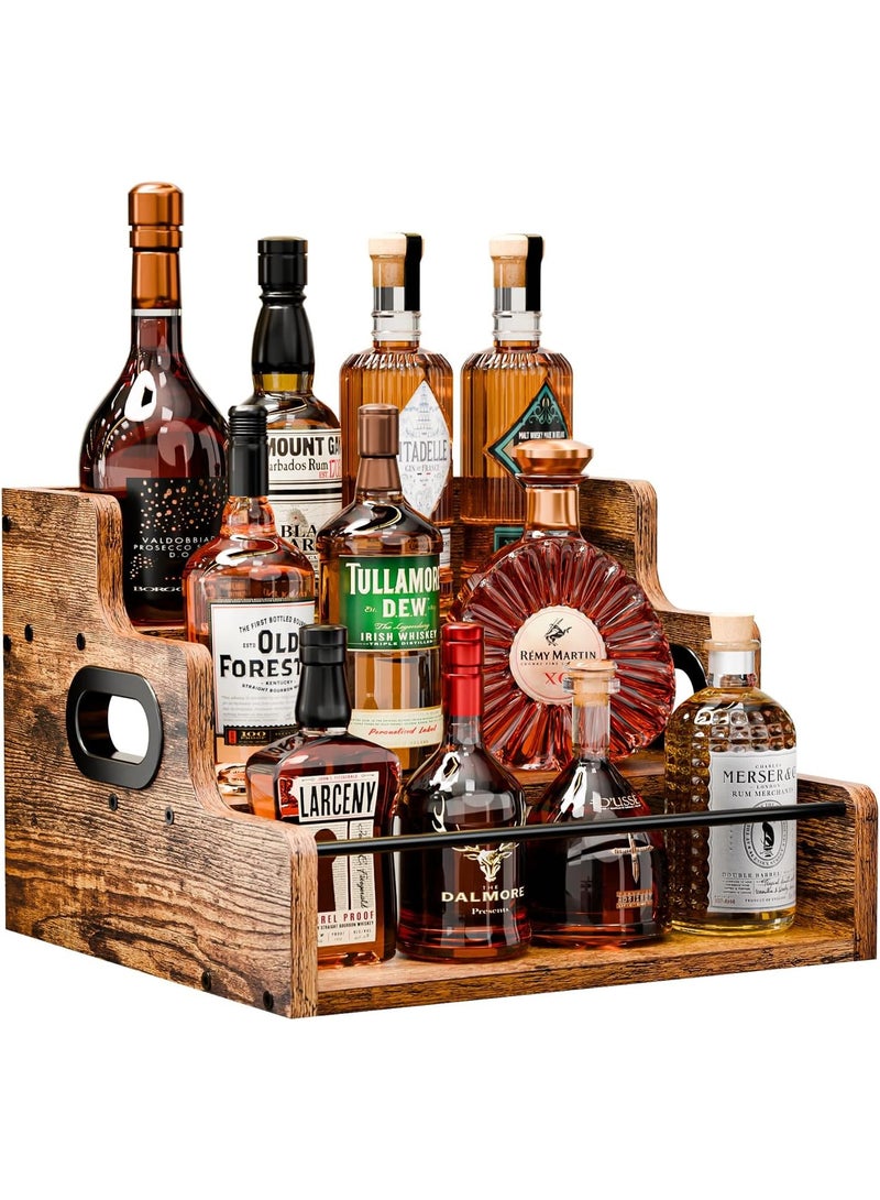 SFENG Liquor Bottle Display Shelf, Coffee Syrup Rack Organizer, 3 Step Countertop Liquor Wine Rack, mini bar,liquor cabinet, Home Retro Bar Shelf Stand for Liquor Whiskey, Spirits, Brown, GL-06 - Image 1